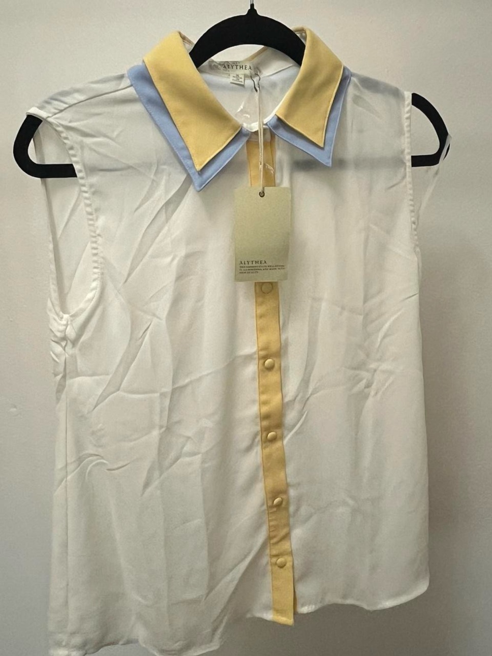 Alythea White Sleeveless Blouse with Yellow Collar and Light Blue Trim